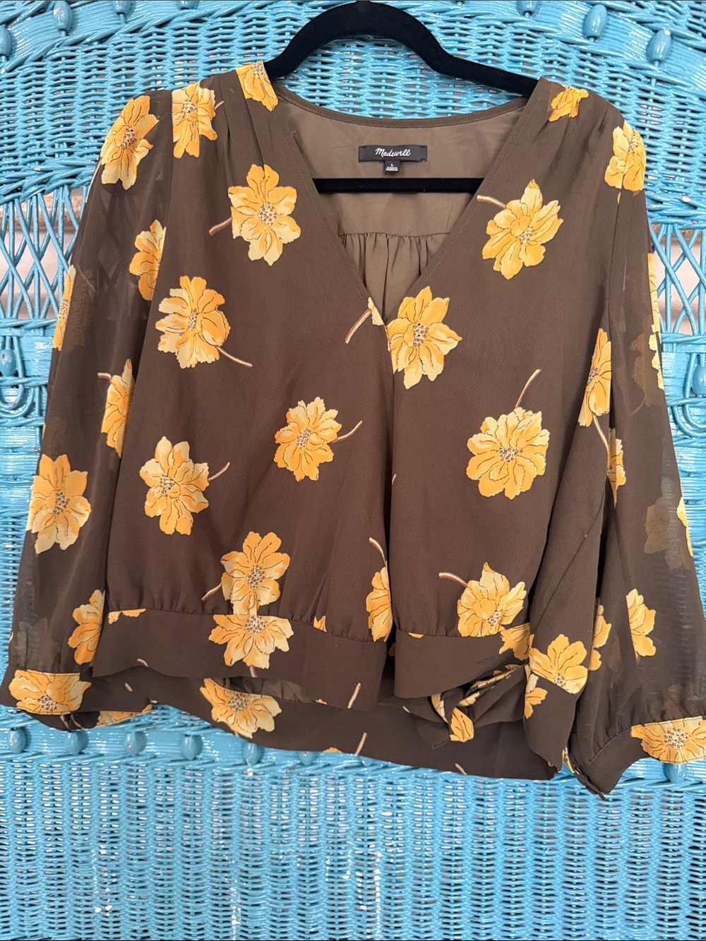 Madewell wrap blouse olive green with flowers